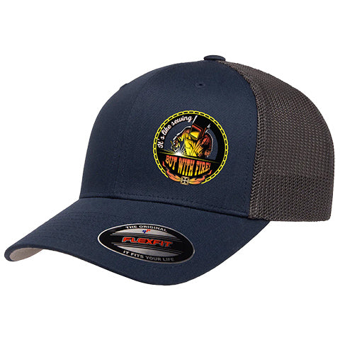 Sewing with Fire Flex-Fit Trucker Hat (Blue/Gray)